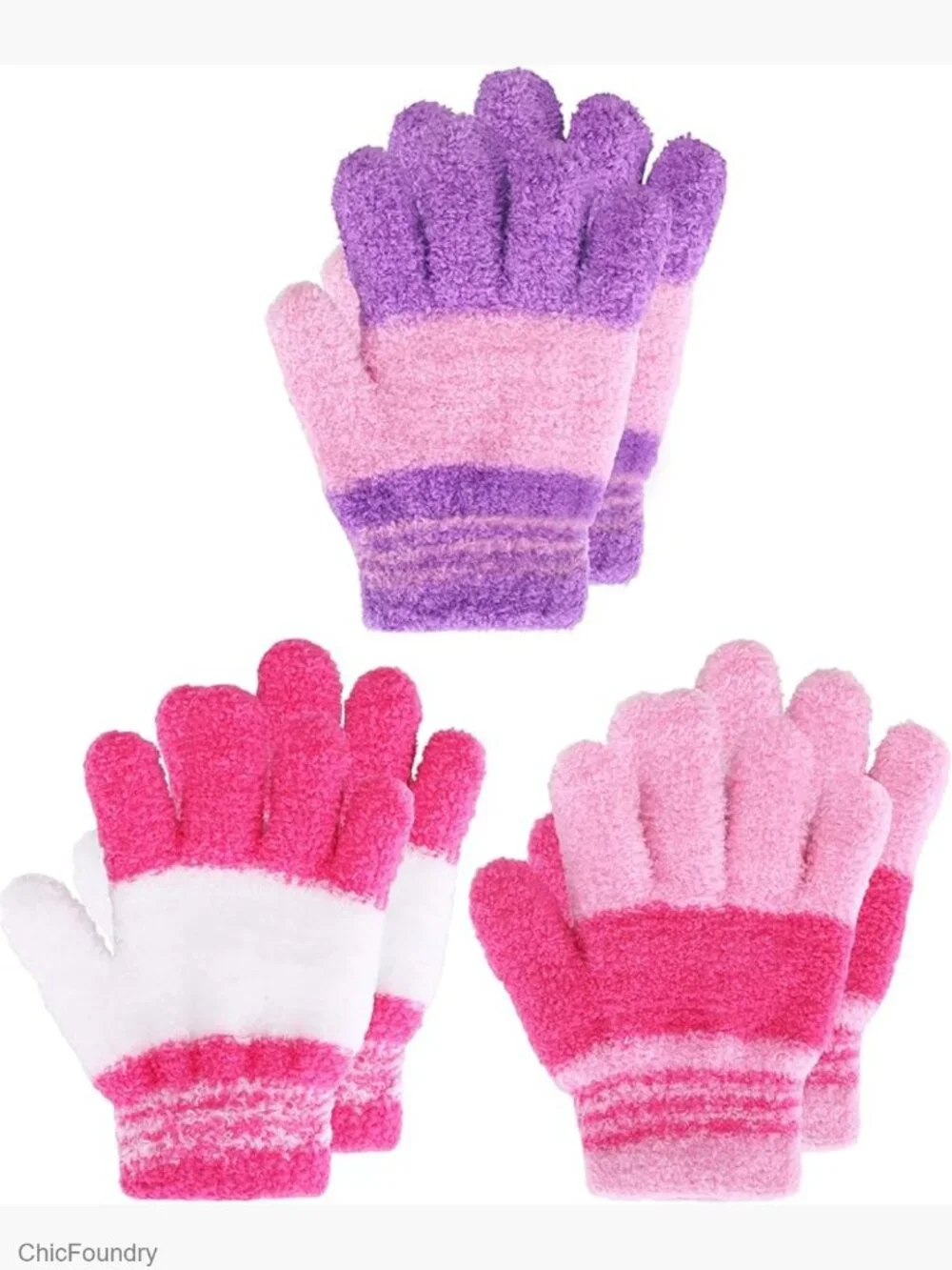 3 Pair Kids Winter Knit Gloves Stretchy Full Finger Mittens